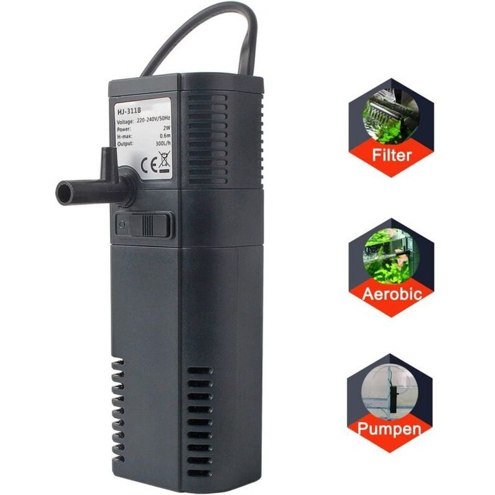 Filtru intern pentru acvariu, 200 l/h, 2W, 124x39x36,5mm, pentru acvarii de pana la 40 litri