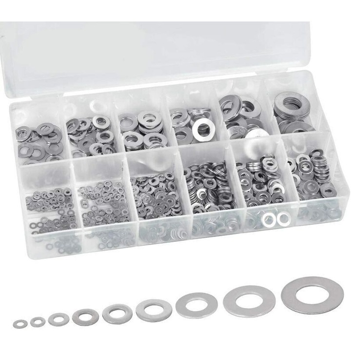 Set 800 bucati rondelle plate din otel inoxidabil 304, dimensiuni M2-M12, argintii