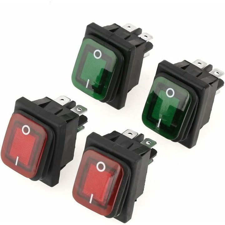 Tápkapcsoló világítással, 4 darab, piros és zöld, 12 V/220 V, IP67