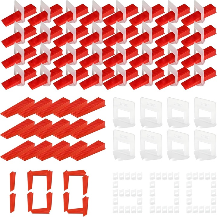 Set 700 Distantiere Gresie, Omelivon, 600 Clipuri 1.5 mm, 100 Pene 22 mm, Reutilizabile, Alb/Rosu