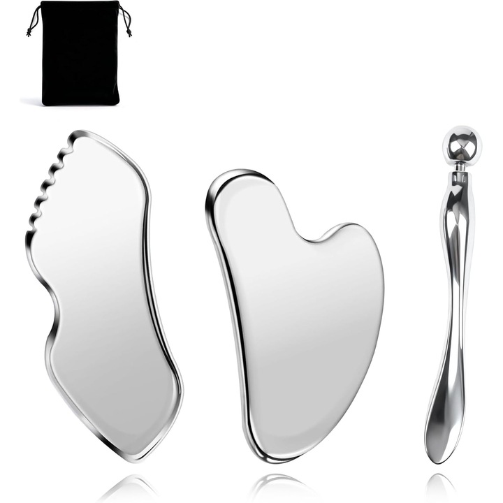 Set 3 de unelte de masaj Gua Sha din otel inoxidabil, Piatra Gua Sha metalica, Design ergonomic, Pentru ingrijire faciala prin rejuvenare si reflexologie/masaj facial, Otel inoxidabil, Argintiu
