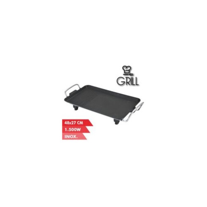Gratar electric 1500W, 2 zone, placuta antiaderenta, manere din otel inoxidabil, 48x27cm