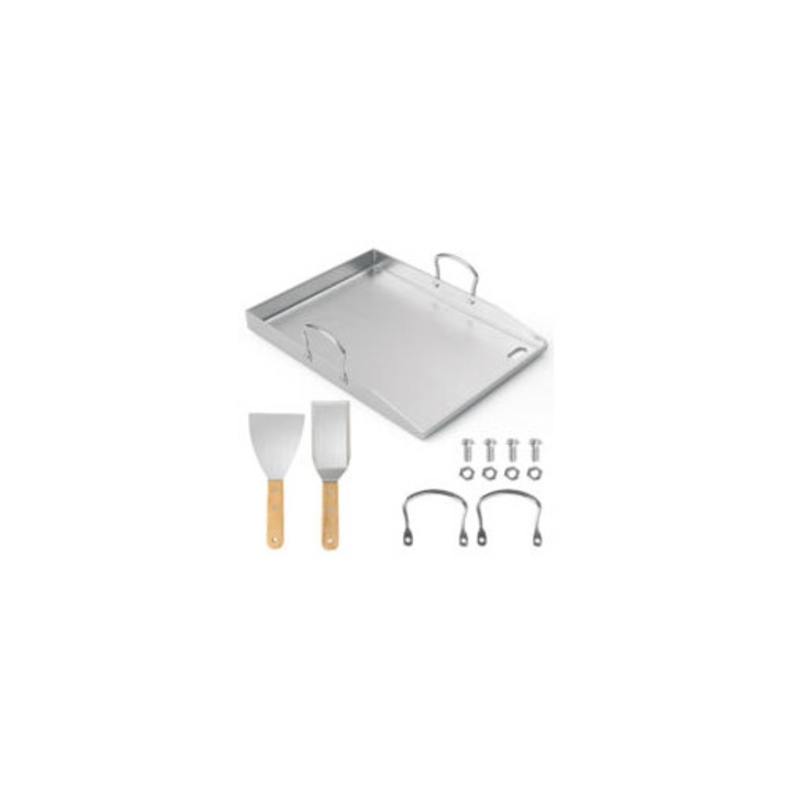 Placa de gratar din otel inoxidabil, 4 mm, cu margine ridicata si canal pentru grasime, set cu spatule, 40x30cm