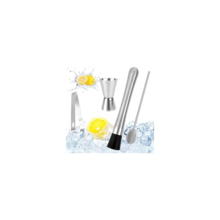 Set shaker cocktail din otel inoxidabil, cu lingura, muddler mojito, zdrobitor de gheata, accesorii bar, 304 inox