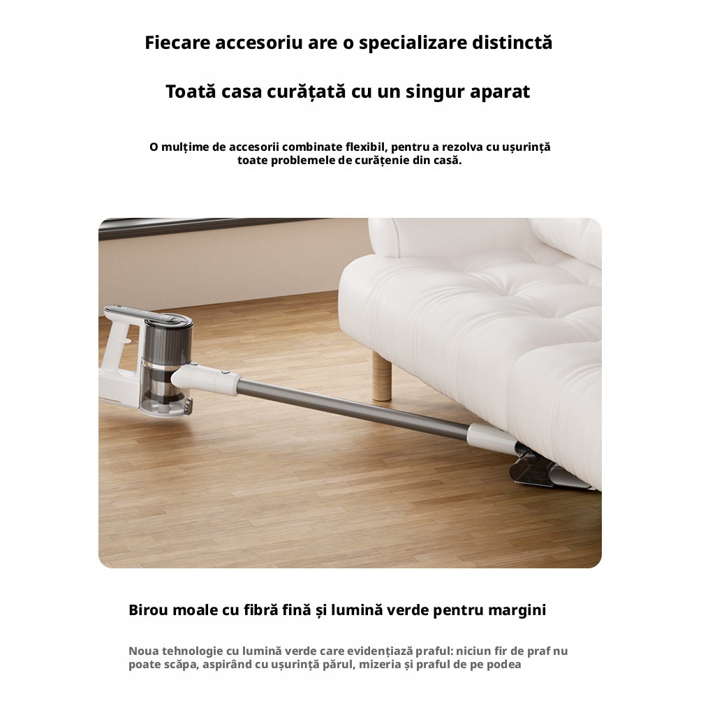 Aspirator fara fir 2‑in‑1, functii de aspirare si stergere a podelelor, detectare praf, ecran tactil LED, sistem de filtrare ciclonic, design portabil, baterie 3600 mAh, putere 160W, 15000 Pa, culoare alba