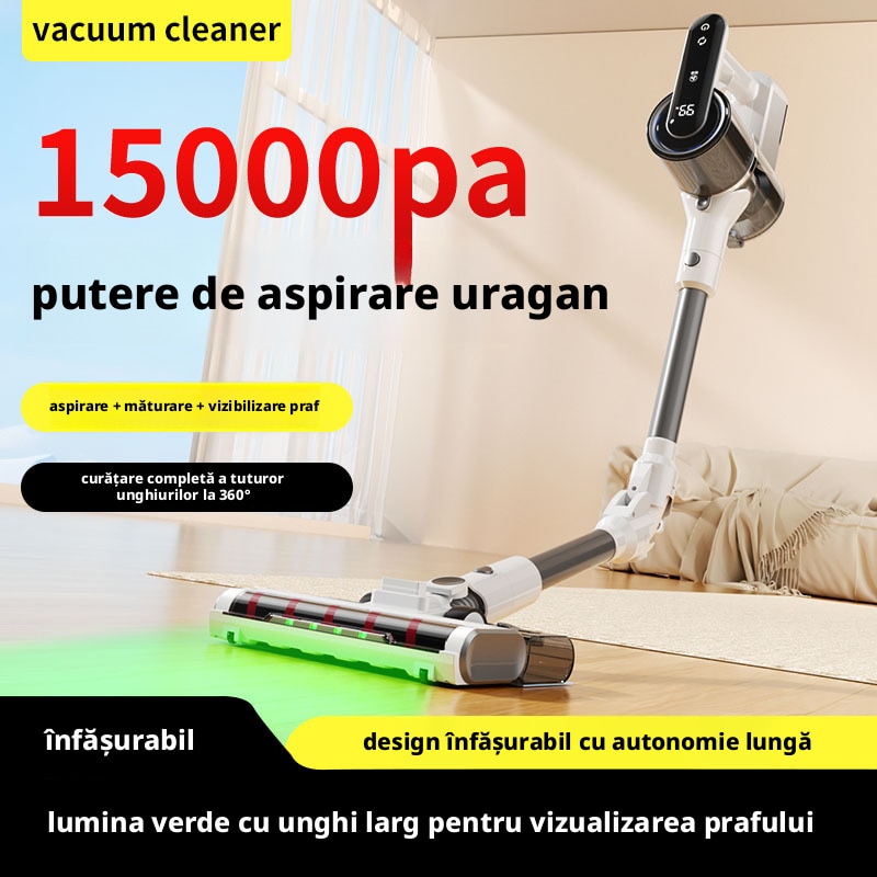 Aspirator fara fir 2‑in‑1, functii de aspirare si stergere a podelelor, detectare praf, ecran tactil LED, sistem de filtrare ciclonic, design portabil, baterie 3600 mAh, putere 160W, 15000 Pa, culoare alba
