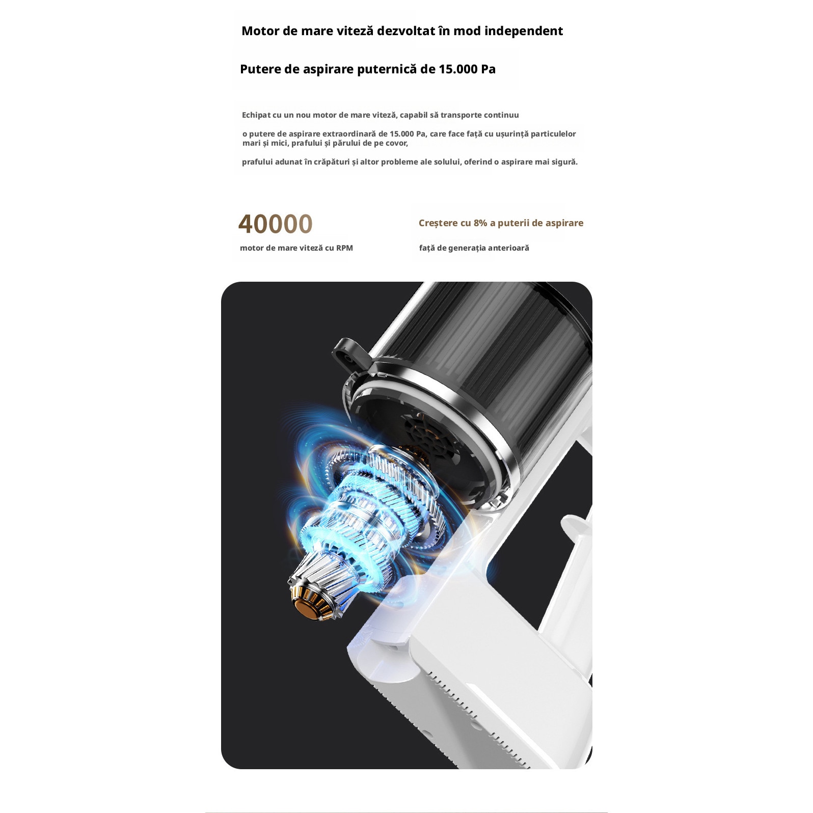 Aspirator fara fir 2‑in‑1, functii de aspirare si stergere a podelelor, detectare praf, ecran tactil LED, sistem de filtrare ciclonic, design portabil, baterie 3600 mAh, putere 160W, 15000 Pa, culoare alba