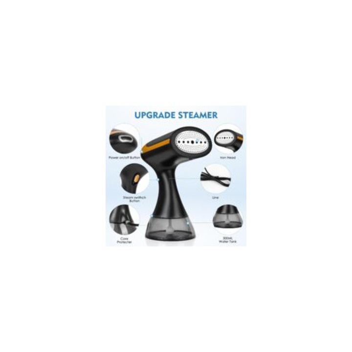 Fier de calcat vertical cu abur 1500W, capacitate 300ml, design compact, waterproof, negru