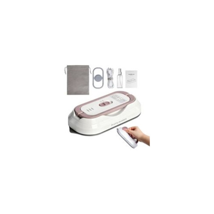 Fier de calcat mini, 100-240 V, dimensiuni 16x8x3.5cm, greutate 400g, cu suport termorezistent, set cu geanta de calatorie si sticla de spray