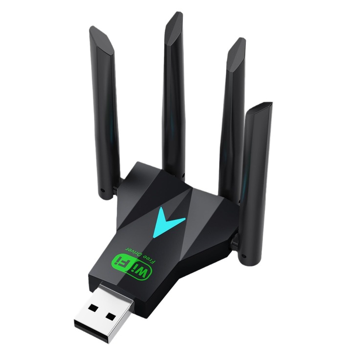 Vezeték nélküli adapter, kétsávos, 2.4GHz/5GHz, 1300Mbps, 4 antenna, USB 3.0, nagy hatótávolságú, PC-hez/laptophoz, OUYLAF, fekete