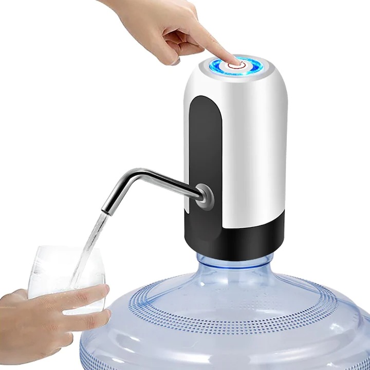 Pompa Electrica pentru Apa, Dozator Portabil pentru Bidon 5-20L, Incarcare USB, Baterie 1200mAh, Buton Tactil, Indicator LED, Tub Inox, Dispenser Automat, Culoare Alb