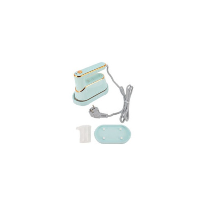 Fier de calcat portabil cu abur, 1300W, preincalzire 20 secunde, manere rotativ, albastru cyan, dimensiuni 165x77x120mm