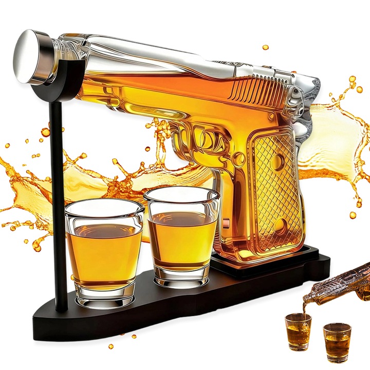 Set carafa si pahare, Juksun, decantor 230ml cu 2 pahare 50ml, sticla, design elegant, 23.5x3.9x16.5cm, transparent