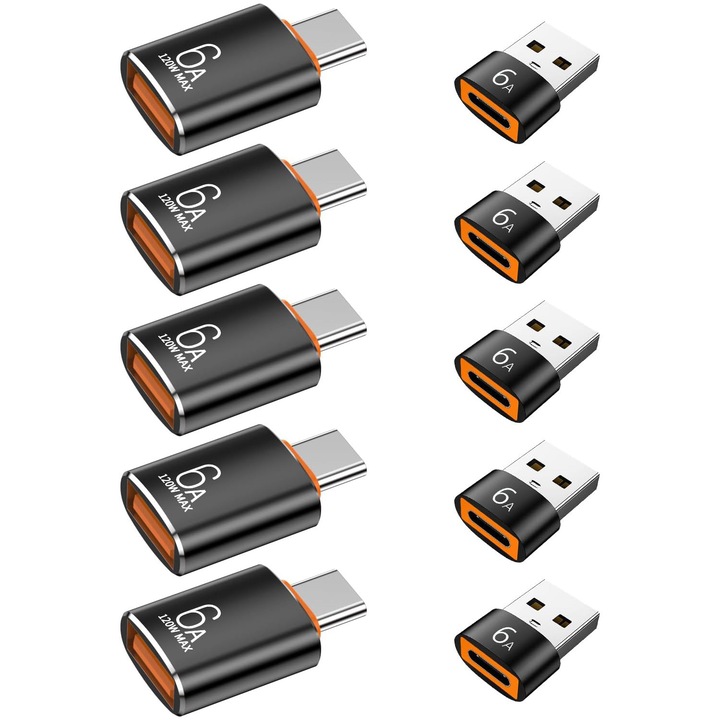 Adaptor USB la USB-C, set 10 bucati, 5× USB-A 3.0 mama la USB-C tata OTG + 5× USB-C mama la USB-A tata, 6A, 120W, Fast Charging, compatibil MacBook, iPhone 15/16, Samsung Galaxy, smartphone-uri, tablete, laptopuri, OUYLAF, Negru