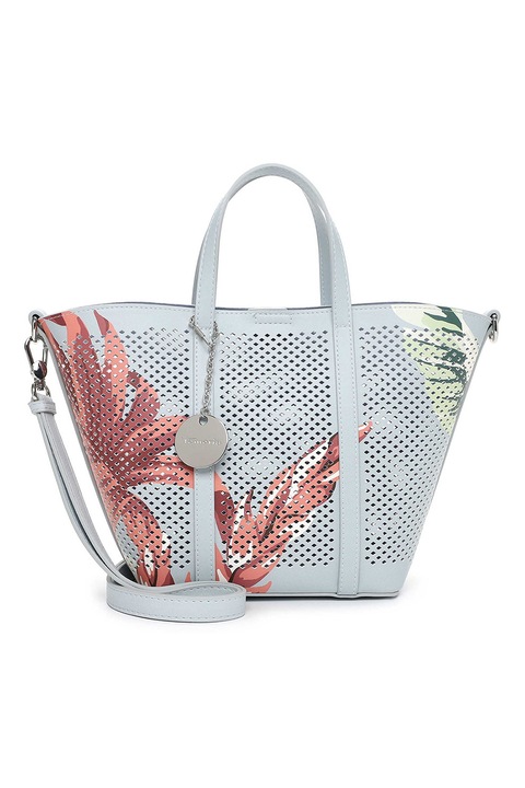 Tamaris, Set de geanta shopper din piele ecologica cu perforatie si etui, Albastru deschis, Rosu antichizat