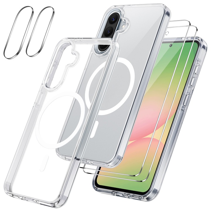 Carcasa compatibila cu Samsung Galaxy A56 5G cu 2 folii de protectie din sticla temperata pentru ecran si 2 folii de protectie pentru camera, husa moale TPU MagSafe (transparenta)