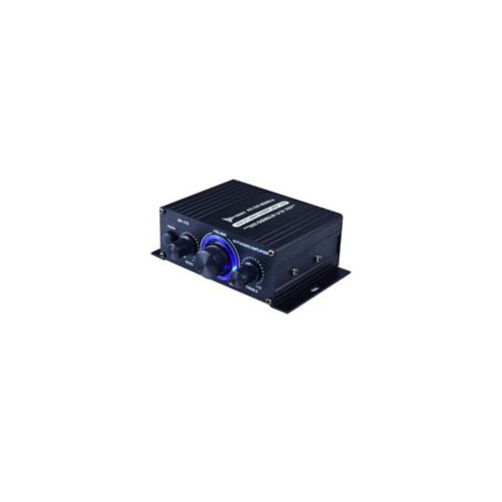 Mini HiFi audio erősítő 12V DC - hordozható, sztereó, fekete, 2 csatornás