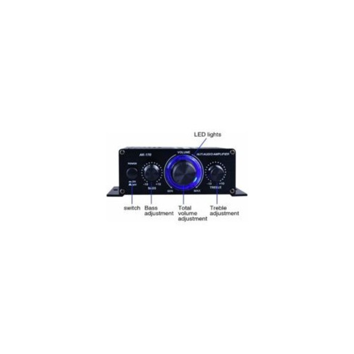 Amplificator audio mini HiFi 12V DC - portabil, stereo, negru, 2 canale