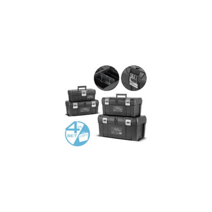 Set organizatoare scule, 4 cutii, plastic PP, dimensiuni 355x165x145mm, 425x200x185mm, 510x245x235mm, 610x305x295mm