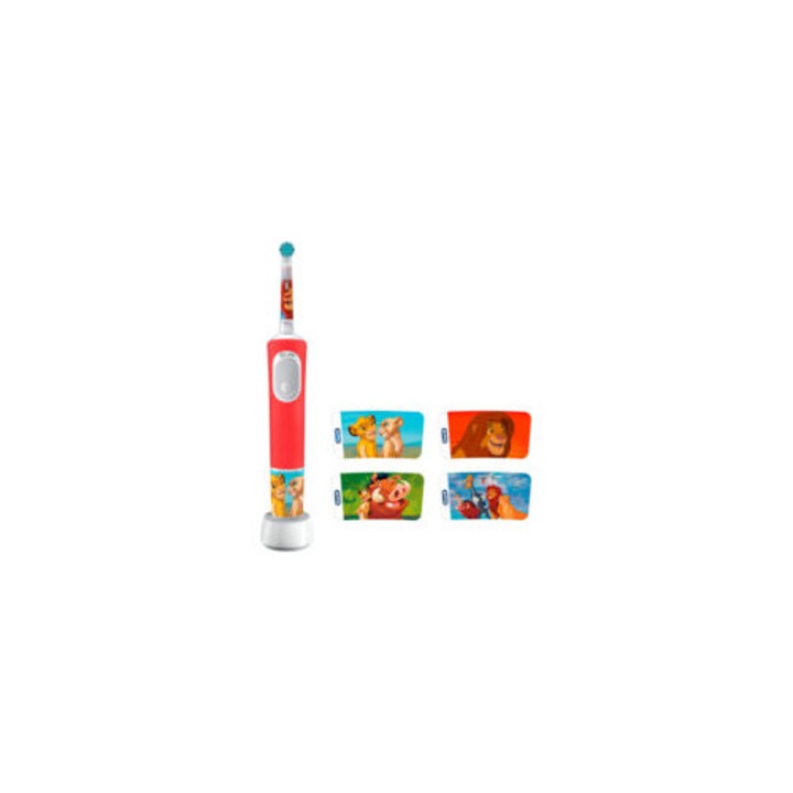 Periuta de dinti electrica Pro Kids Lion King, mod Sensitive+, perii extra moi, set cu 4 autocolante