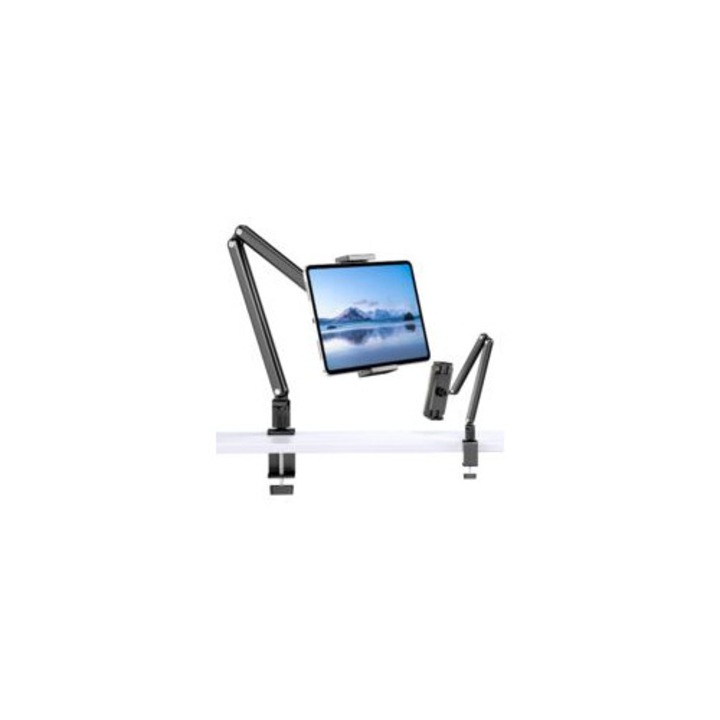 Suport tableta din aluminiu, rotire 360°, ajustabil, compatibil cu dispozitive de 4.7-13 inch, 12x25cm