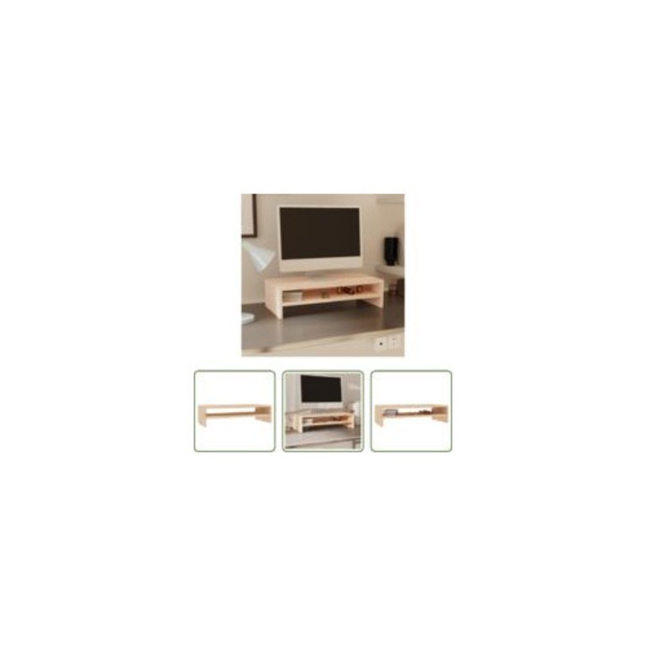 Suport monitor din lemn, 50x24x13 cm, pin masiv, cu raft de depozitare