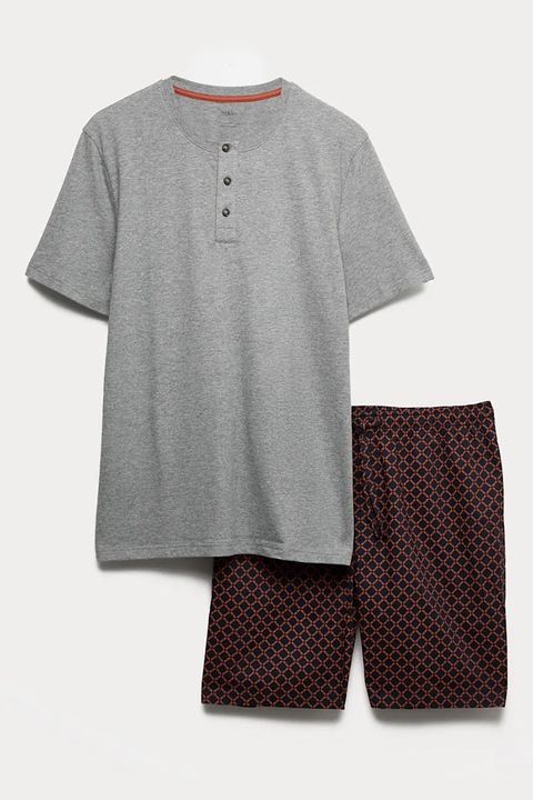 Marks & Spencer, Pijama de bumbac cu pantaloni scurti si buzunare, Coral/Gri deschis melange
