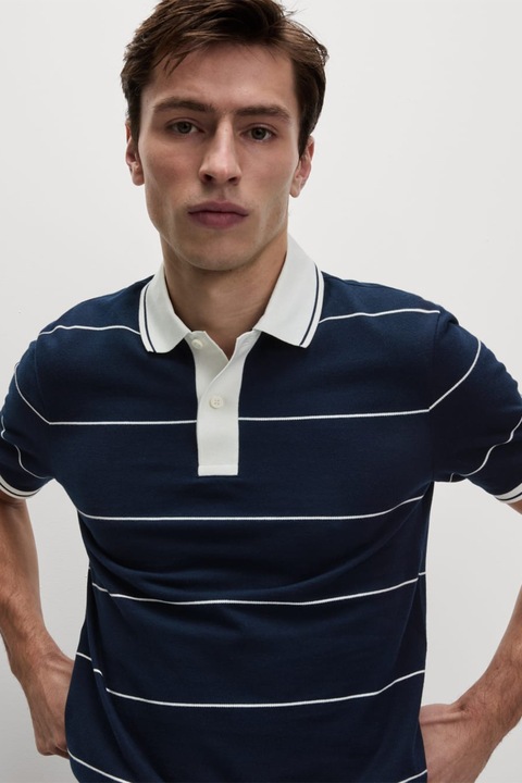 Marks & Spencer, Tricou polo cu dungi, Alb optic/Bleumarin