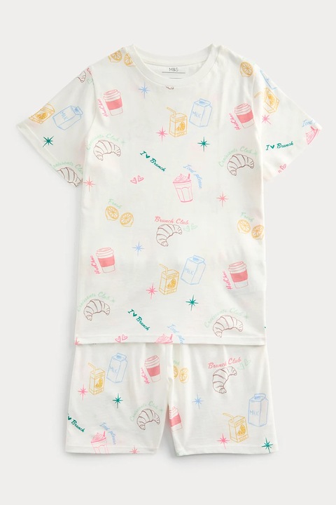 Marks & Spencer, Pijama din bumbac cu pantaloni scurti, Alb murdar