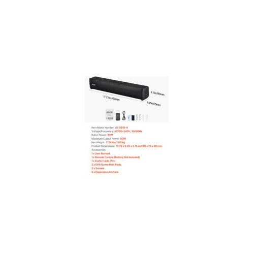 Soundbar 2.0, 80W, Bluetooth, control remote, design compact, 450x75x80mm