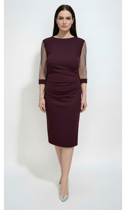 Rochie eleganta, midi, marimi mari, cu pliuri laterale modelatoare si maneci din tull transparent, XL