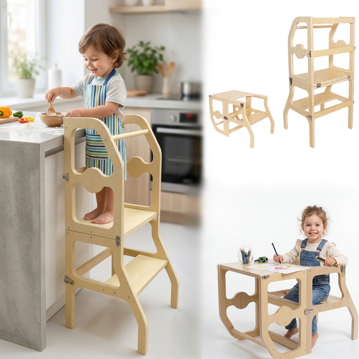 Turn de Invatare 2in1 din Lemn FlipStep™ Montessori System Convertibil in Masuta si Scaun, Multifunctional, Dezvoltare Independenta, Joaca si Integrare in Activitati, Stabilitate Anti-Alunecare si Anti-Rasturnare, Natural Wood