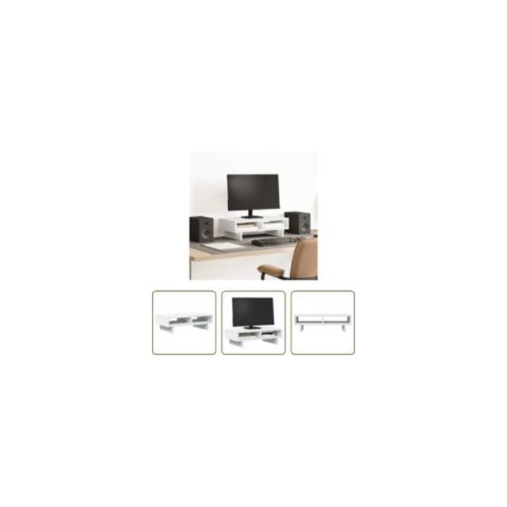 Suport monitor din lemn, alb, 50x27x15 cm, cu 2 compartimente pentru birou