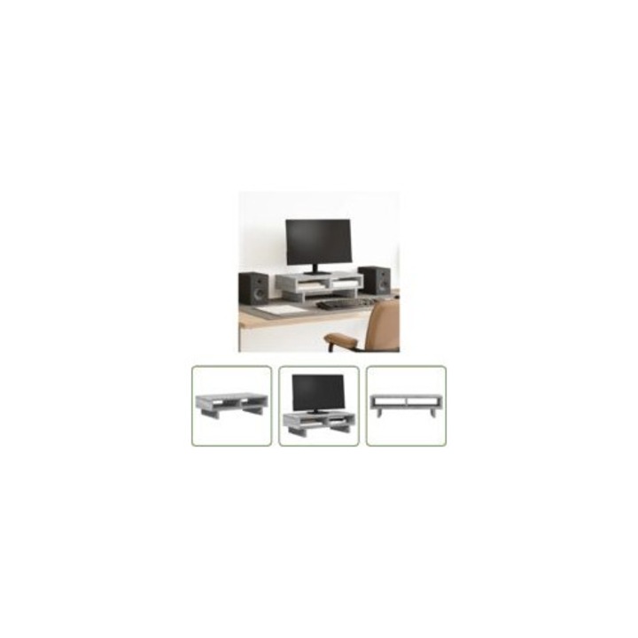 Suport monitor din lemn, gri Sonoma, 50x27x15 cm, 2 compartimente, material rezistent