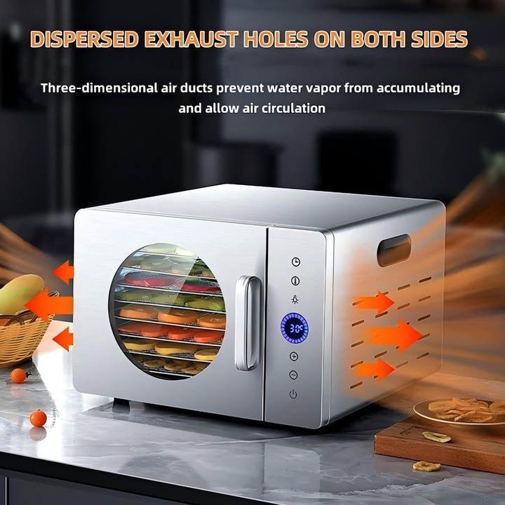 Deshidrator Alimente cu 8 Tavi, Wulnar, 1000W, Carcasa si Tavi Inox, Termostat 30-90°C, Timer 24 Ore