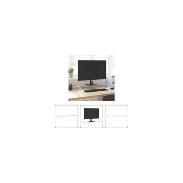 Suport monitor ergonomic, 80x35x8 cm, sticla securizata si metal, alb, cu spatiu de depozitare