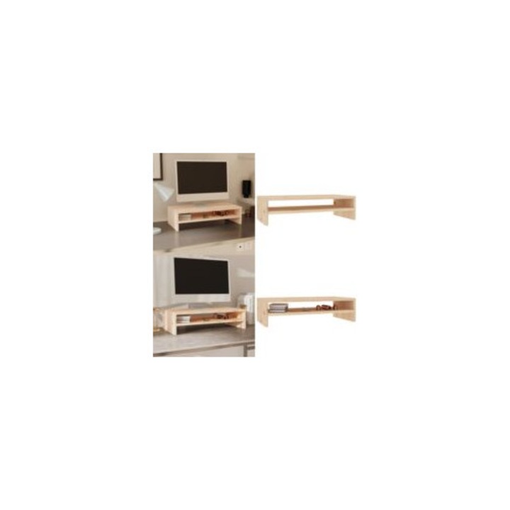 Suport monitor din pin masiv, 50x24x13 cm, design ergonomic, cu raft pentru accesorii