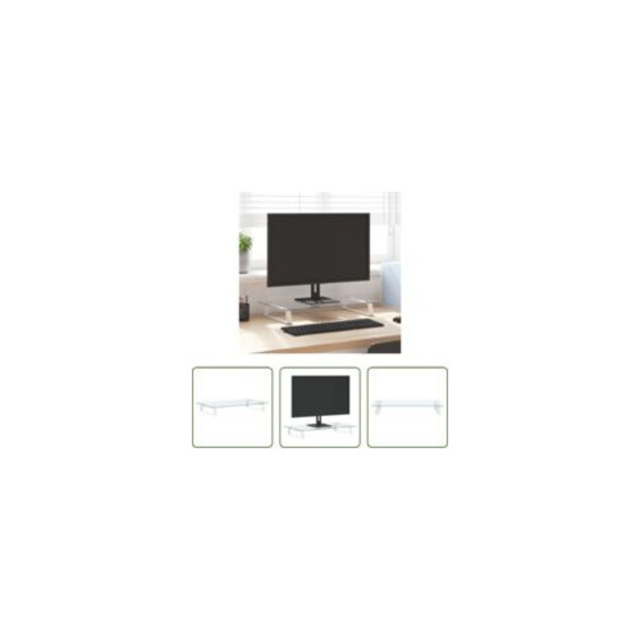 Suport monitor, 60x35x8 cm, sticla securizata si metal, alb, design ergonomic