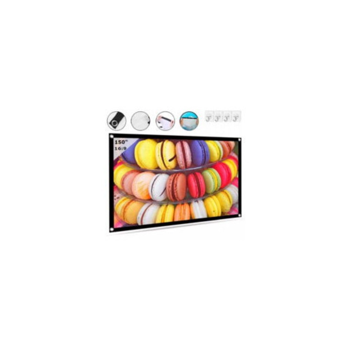 Összecsukható vetítővászon, 150", fehér, 16:9, 332x187cm, 10 rögzítőelemet tartalmazó készlet