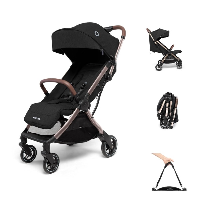 Carucior bebelusi Maxi-Cosi Eva3 0-4 ani, 22 kg, pliabil automat cu o mana, pozitie complet intinsa, ultra compact, Essential Black Champagne