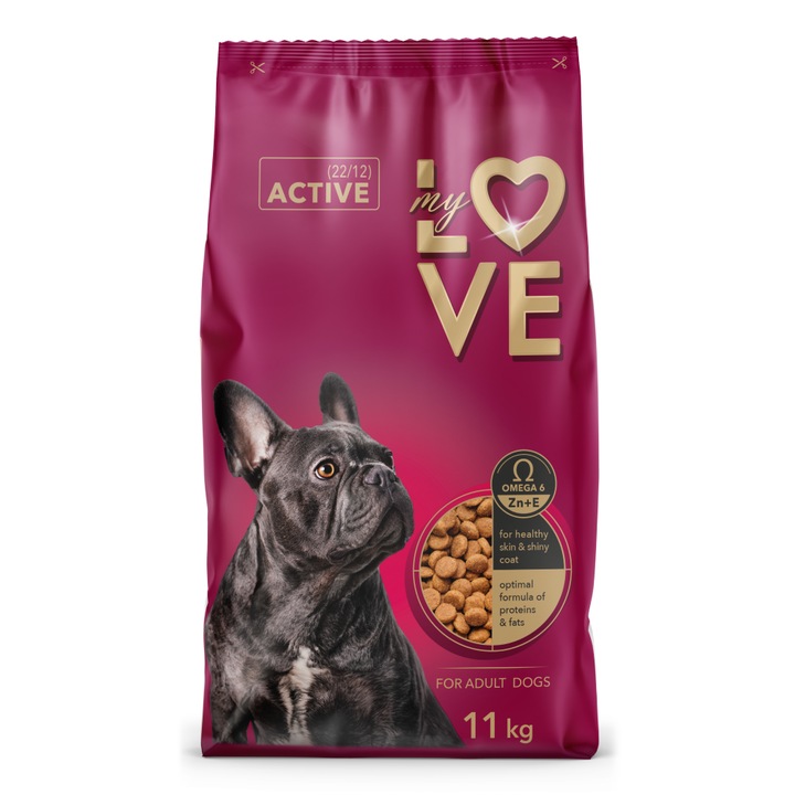 Hrana uscata My Love pentru caini activi, 11kg, pentru toate taliile, cu 6% carne de pui, 22% proteine