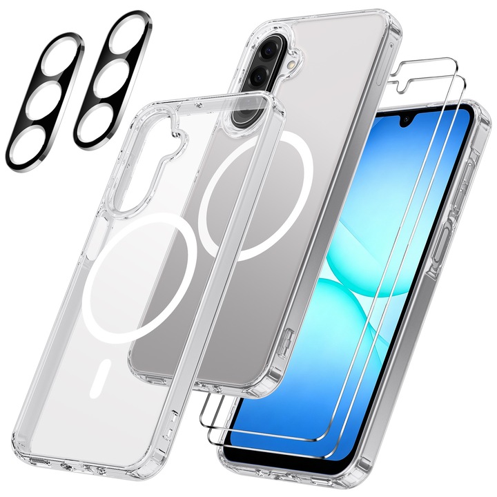 Telefon tok Samsung Galaxy A17 4G / 5G készülékhez, 2 db edzett üvegfóliával, TPU MagSafe, átlátszó
