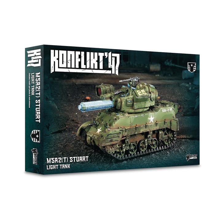 Konflikt '47 játékkiegészítő, United States M5A2(T) Stuart könnyű harckocsi, Warlord Games, összeszerelhető modell, szürke