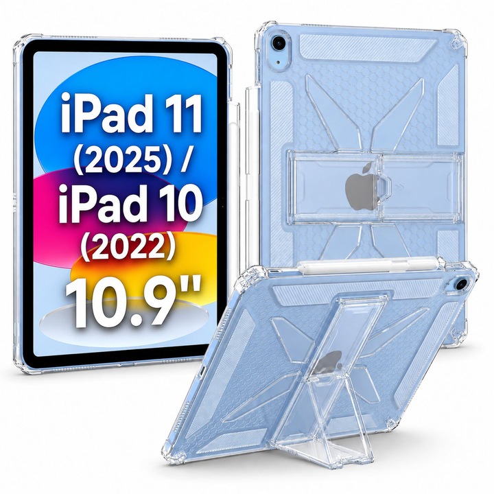 Husa protectie iPad 11 2025 si iPad 10 2022, 10.9 inch, Silicon Antisoc, Colturi Intarite, Suport Integrat Stylus, Protectie Camera si Ecran, Transparent