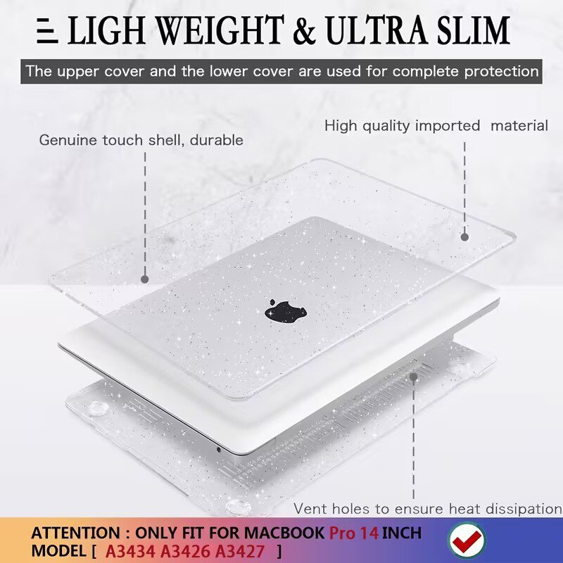 Husa protectie laptop, Yingyun, carcasa glitter hard shell pentru Macbook Air 14" (A3427/A3426/A3434/A3112/A3185/A3401/A2918/A2992/A2779/A2442), Alb transparent