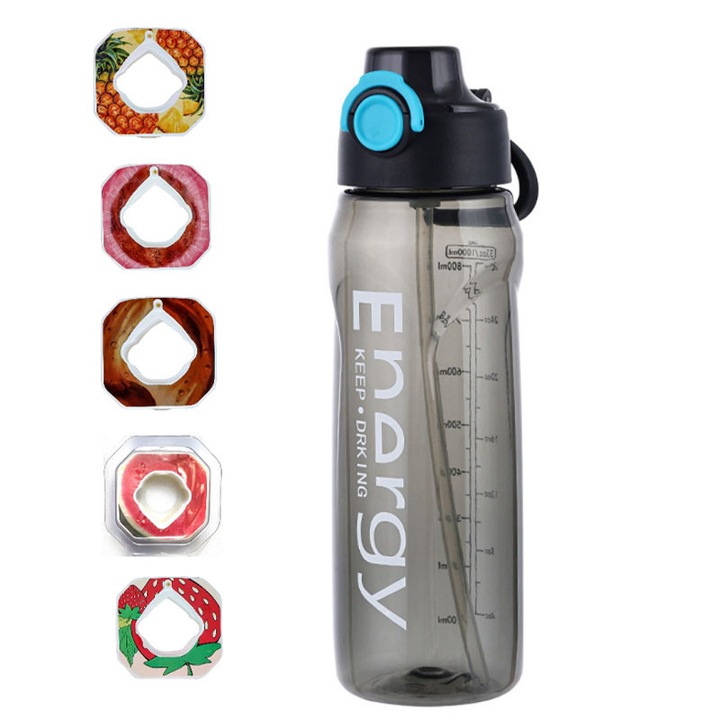 Ízesített kapszulákkal ellátott vizespalack, Omelivon, 5 íz, sport szívószálas kulacs, 0 cukor, 0 kalória, tartós fogantyúval ellátott, 1000 ml, magas hőmérsékletnek ellenálló, ideális edzőterembe, szabadtérre, hidratáltság fenntartása, átlátszó fekete