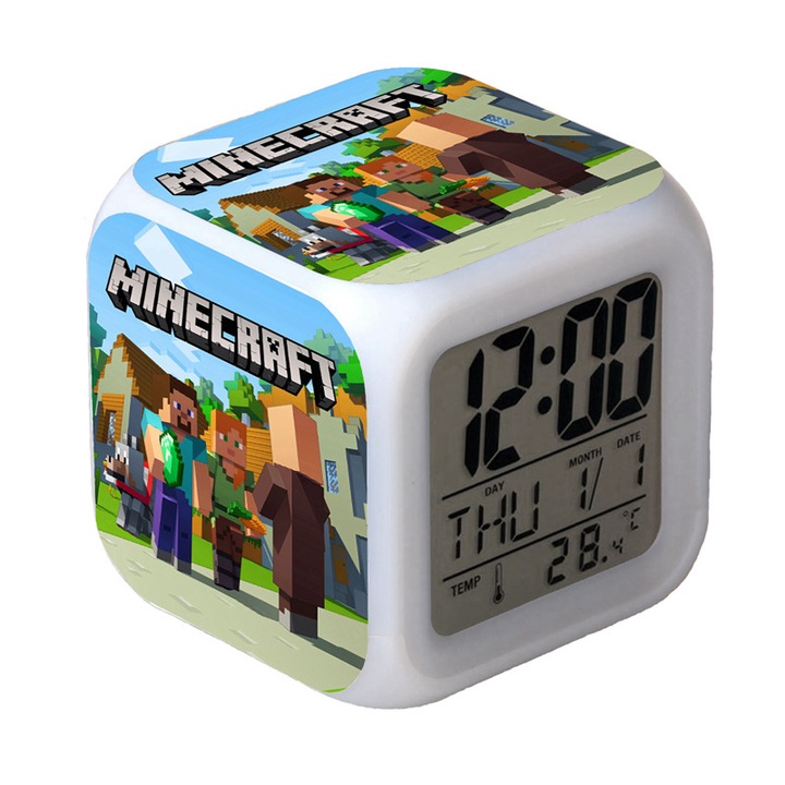 Minecraft gyerek ébresztőóra, színes LED fénnyel, éjszakai funkcióval, 12x12x5cm