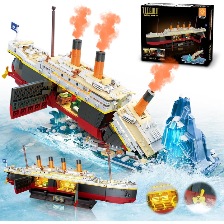 Titanic Építőkészlet 2 az 1-ben, 1883 darab, LED világítással, jéghegy kiállítási állvánnyal, többszínű