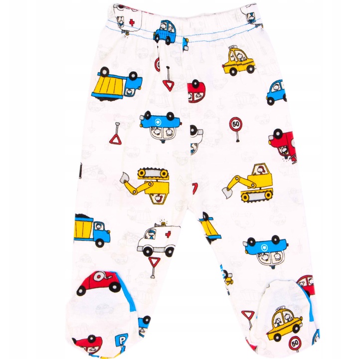 Pantaloni bumbac bebeluși, model mașini, alb, mărime 80 cm, set cu botosei