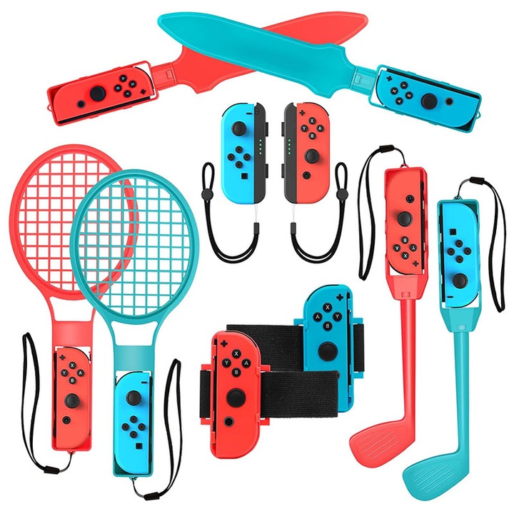 Nintendo Switch 1 kiegészítő szett 10 az 1-ben, Duueyct, Ergonomikus kialakítás, teniszütőkkel, kardokkal, golfütőkkel, csukló táncszalagokkal és lábpántokkal, Többszínű